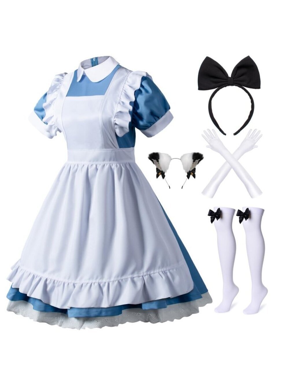 Japanese Anime 6Pcs Lolita French Maid Apron Dress Costume set(Blue S)
